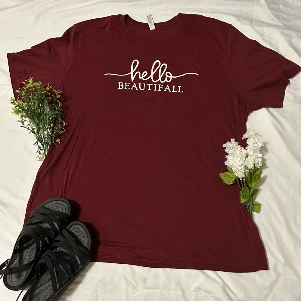 “Hello Beautifall” Women’s Maroon Plus Size Tee